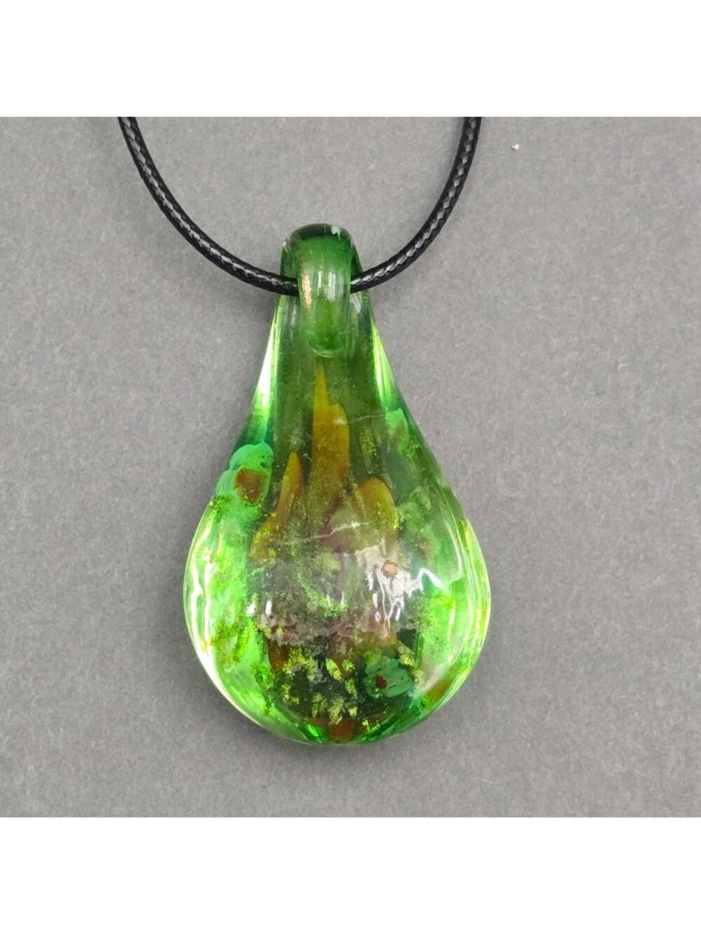 Artisan Glass Teardrop Pendant Necklace Orange Floral Millefiori Gold Foil - Picture 5 of 16